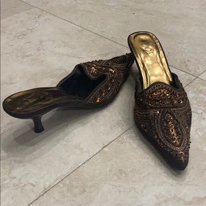 Rouge Helium Bronze Beaded 2” Heel Mules